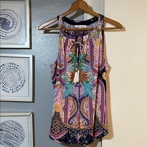 Rose + Olive Vibrant Patterned Sleeveless Blouse Women’s Size L